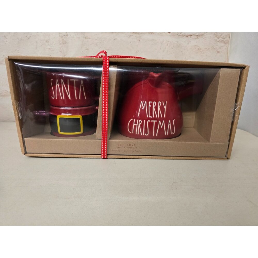 Rae Dunn Artisan 2 Stacking Mugs & Cocoa Pot Santa & Merry Christmas in Gift Box